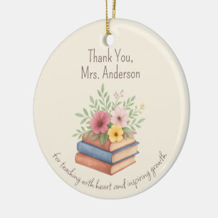Thank You Teacher – Watercolor Books & Flowers -  Ceramic Tree Decoration