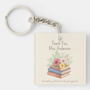 Thank You Teacher – Watercolor Books & Flowers -  Key Ring