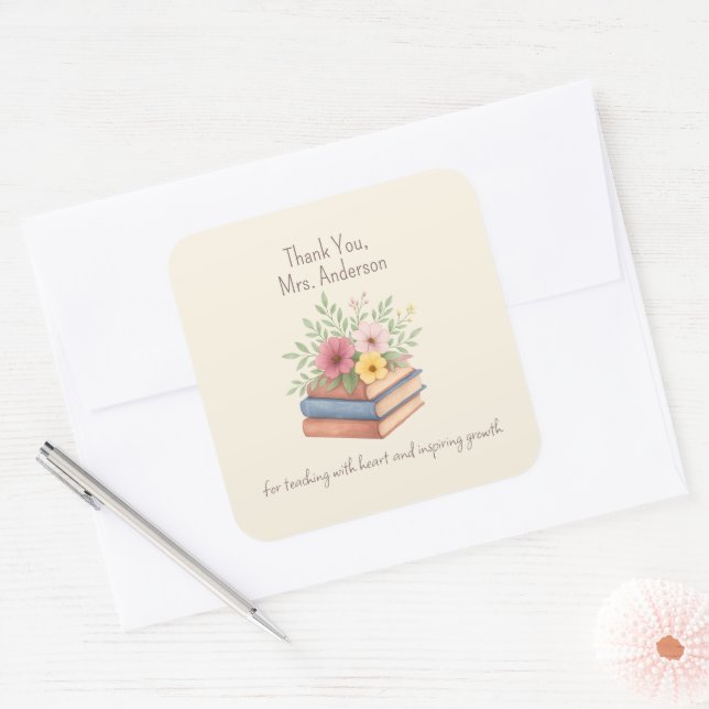 Thank You Teacher – Watercolor Books & Flowers -  Square Sticker (Envelope)