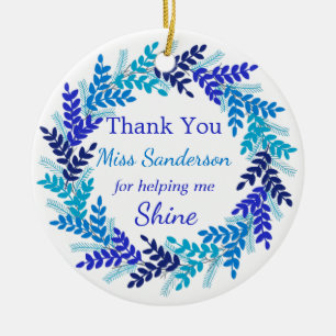 Thank You Teacher's Gift Blue Christmas Wreath Ceramic Tree Decoration