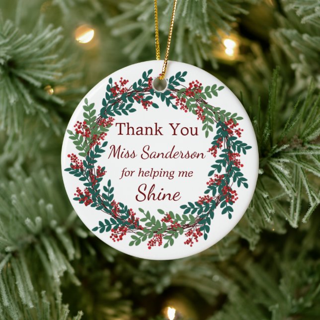 Thank You Teacher's Name Christmas Wreath Ceramic Tree Decoration (Tree)