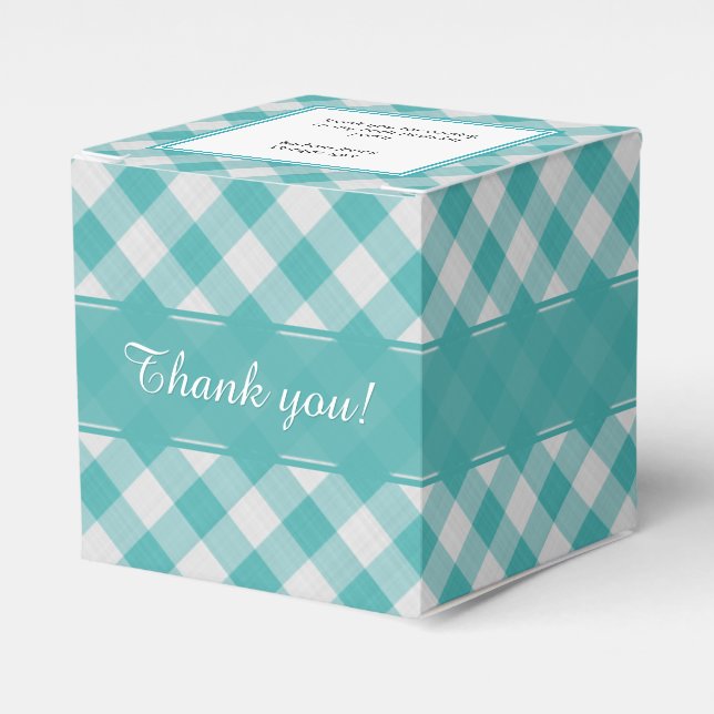 "Thank You" Teal/White Gingham Checks Pattern Favour Box (Front Side)