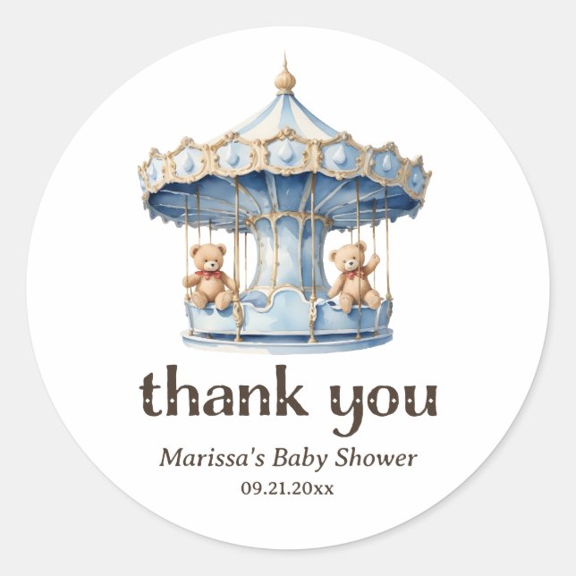 Thank You Teddy Bear Twin Boy Baby Shower Sticker (Front)