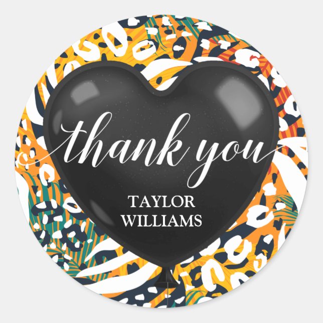 Thank You Text Heart Balloon Colourful Animal Prin Classic Round Sticker (Front)