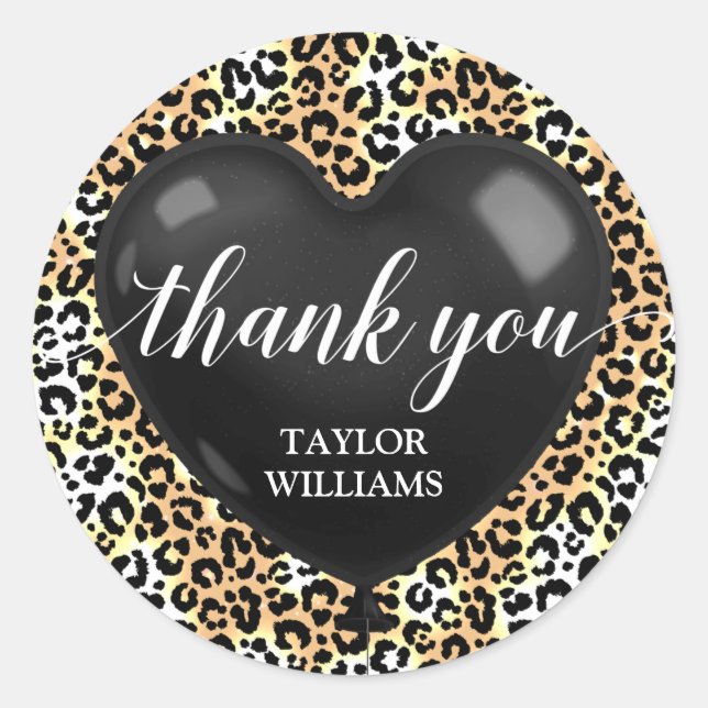 Thank You Text Heart Balloon Leopard Classic Round Sticker (Front)