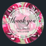Thank You Text Watercolor Flowers Classic Round Sticker<br><div class="desc">Thank you and your name on a background of hot pink pink flowers and leaves,  these stickers are ready to personalise for bridal showers,  your wedding or any occasion. Font and font size for name can be modified,  just click the Customise further link. MATCHING items in our store.</div>