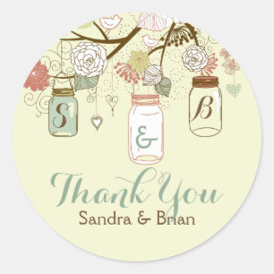 Thank You Text With Retro Flowers & Mason Jars Classic Round Sticker