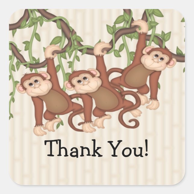 Thank You! Triplet Monkeys Baby Shower Square Sticker (Front)