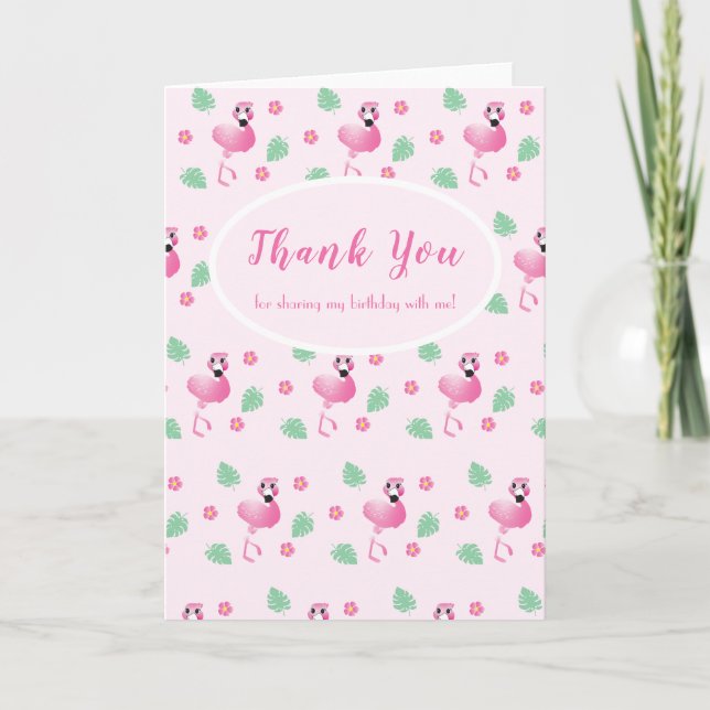 Thank You Tropical Flamingo Flowers Pattern Pink Card (Front)