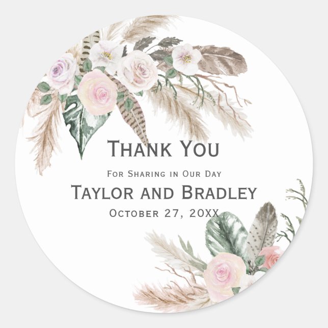 Thank You Tropical Floral Pampas Grass, Feathers Classic Round Sticker (Front)