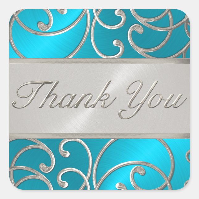 Thank You Turquoise Blue Silver Filigree Swirls Square Sticker (Front)
