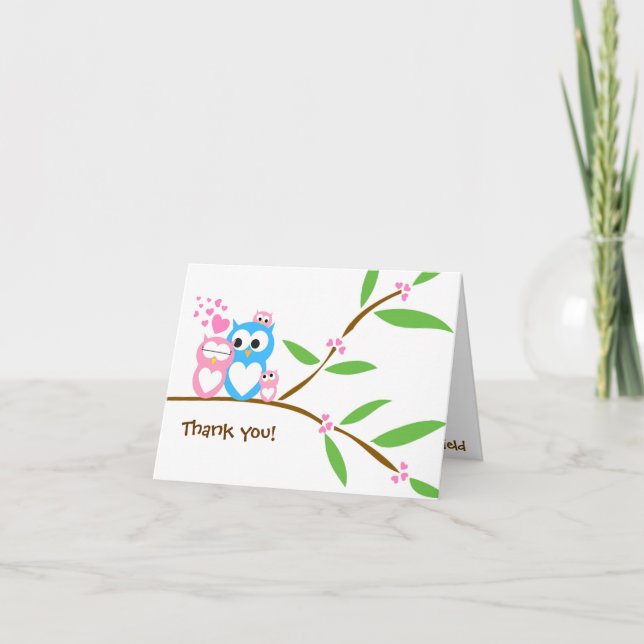 Thank you Twin Baby Girl Owl Baby Shower Note Card (Front)