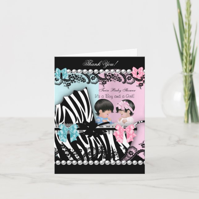 Thank You Twin Baby Shower Cute Girl Pink Boy Blue Card (Front)
