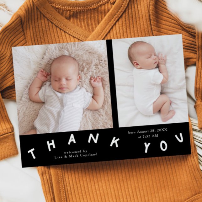 Thank You Typography Black Photo Birth  Announcement (Creator Uploaded)