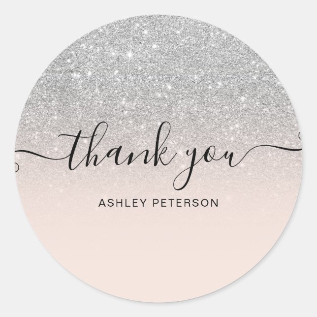 Thank you typography blush silver glitter ombre classic round sticker (Front)