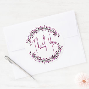 Thank You Typography Chic Purple Leaf Wreath Classic Round Sticker