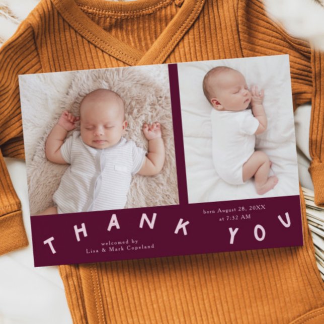 Thank You Typography Cranberry Birth Photo  Announcement (Creator Uploaded)