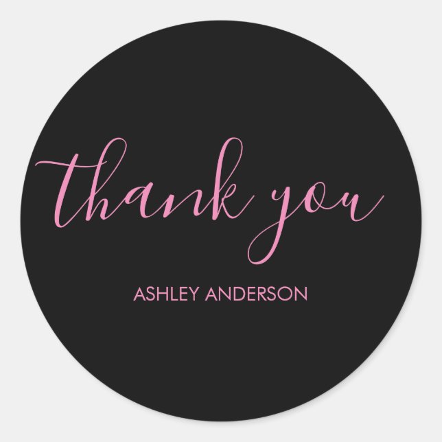 Thank You Typography Plain Black Pink Classic Round Sticker (Front)