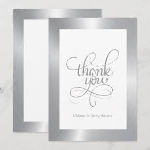 Thank you typography, silver on white background card