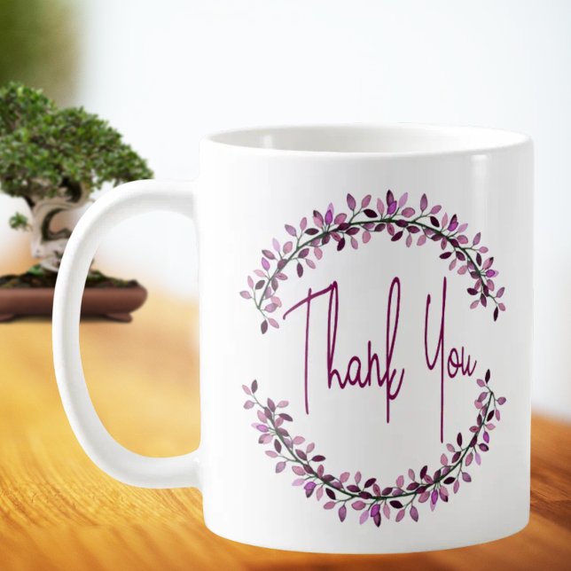 Thank You Typography Simple Chic Leaf Wreath Coffee Mug (Thank you script encased by upper and lower purple leaf halves ceramic mug.)