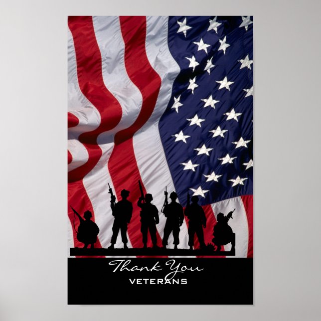 Thank You Veterans - American Flag and Soldiers Poster (Front)
