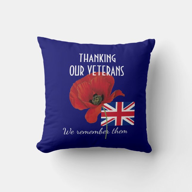 THANK YOU VETERANS British UK Poppy Cushion (Front)