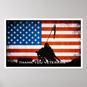 Thank You Veterans - Flag and Soldier Silhouette Poster