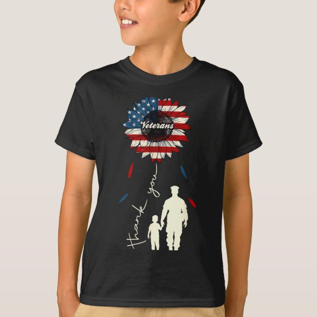 Thank You Veterans Sunflower Usa Flag Military Pat T-Shirt (Front)