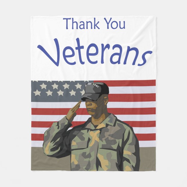 Thank You Veterans with American Flag & Soldier Fleece Blanket (Front)