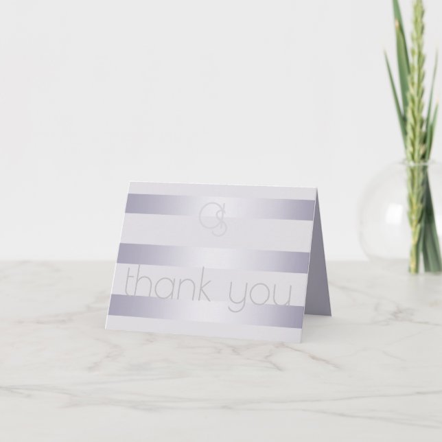 Thank You | Violet Silver Shimmer Stripes Monogram Note Card (Front)