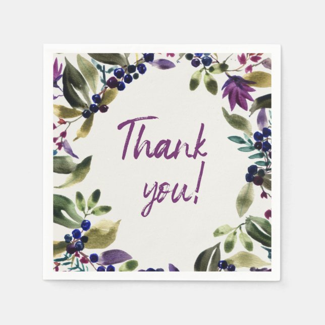 Thank You! | Watercolor Berries and Flowers Napkin (Front)
