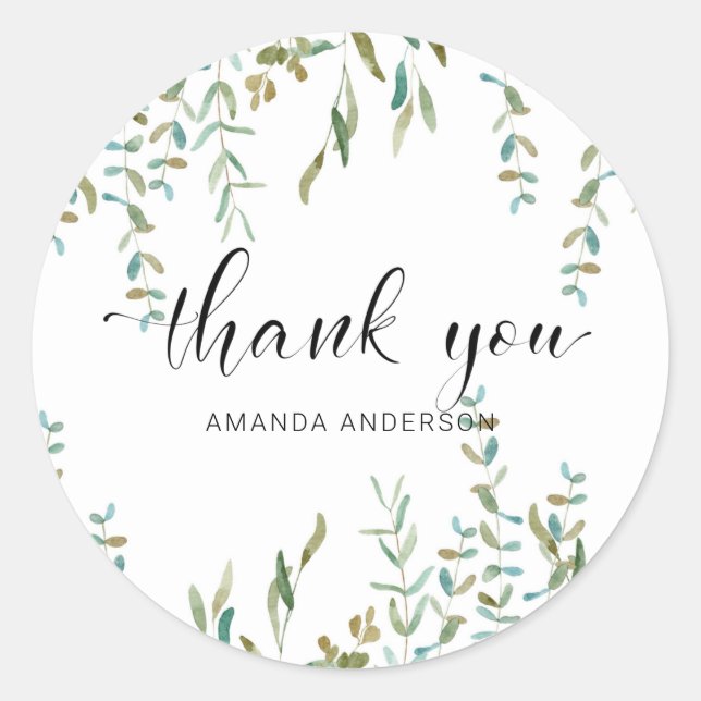 Thank You Watercolor Eucalyptus  Classic Round Sticker (Front)