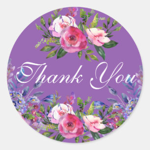 Thank You Watercolor Flowers Purple Round Stickers