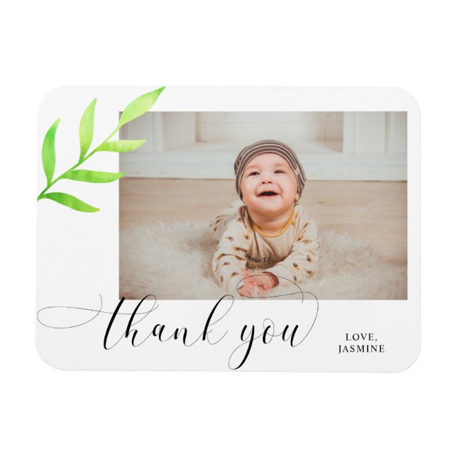 Thank you Watercolor Leaf Swashes Baby Photo Chic Magnet (Horizontal)