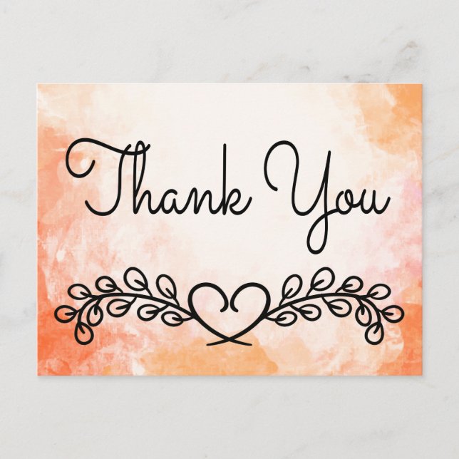 Thank You Watercolor Orange Black Laurel Heart Postcard (Front)