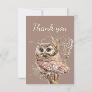 Thank You Watercolor Owl Bird in Tree Card