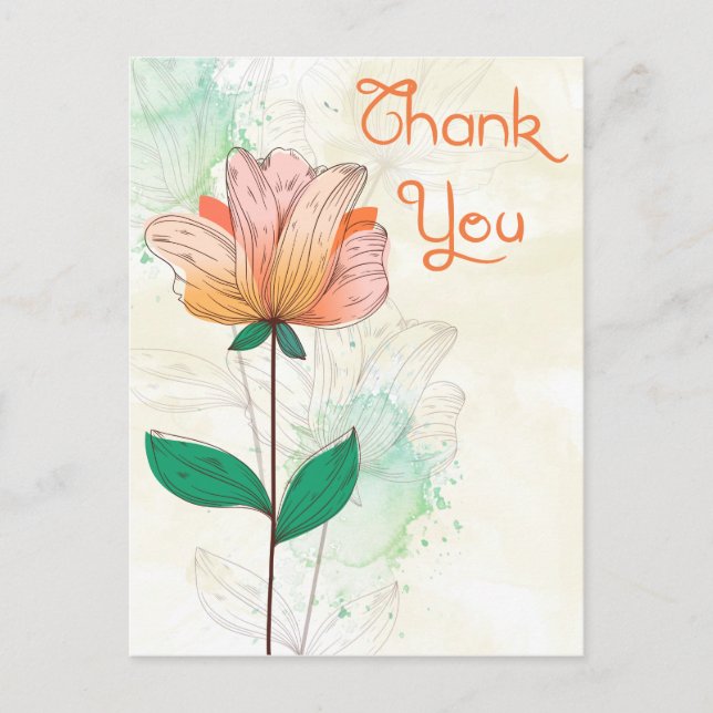 Thank You Watercolor Pink & Orange Flower Postcard (Front)