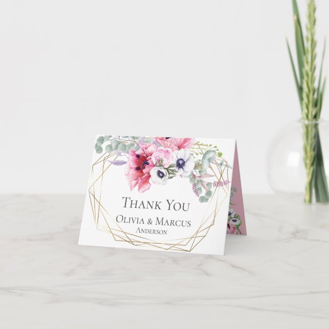 Thank You | Watercolor Pink Poppies Floral Bouquet Card (Front)