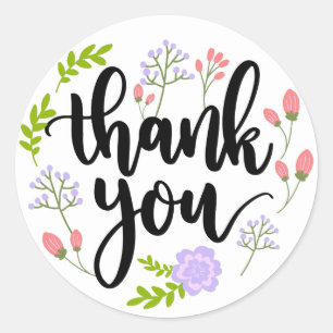 Thank You Watercolor Purple Pink & Green Flowers Classic Round Sticker