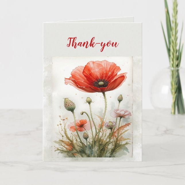 Thank You Watercolor Simple Elegant Red Poppy  Card (Front)