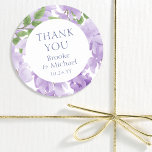 Thank You Watercolor Wisteria Floral Wedding Classic Round Sticker<br><div class="desc">Thank You Purple Watercolor Wisteria Floral Wedding Stickers features elegant watercolor wisteria flowers in soft lavender and purple with green leaves on a white background with "Thank You" in modern purple calligraphy script with your names and wedding date below. Designed for you by Evco Studio www.zazzle.com/store/evcostudio</div>