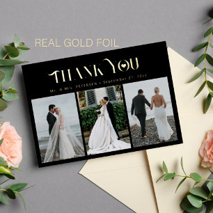 Thank you wedding 3 photo elegant gold foil card