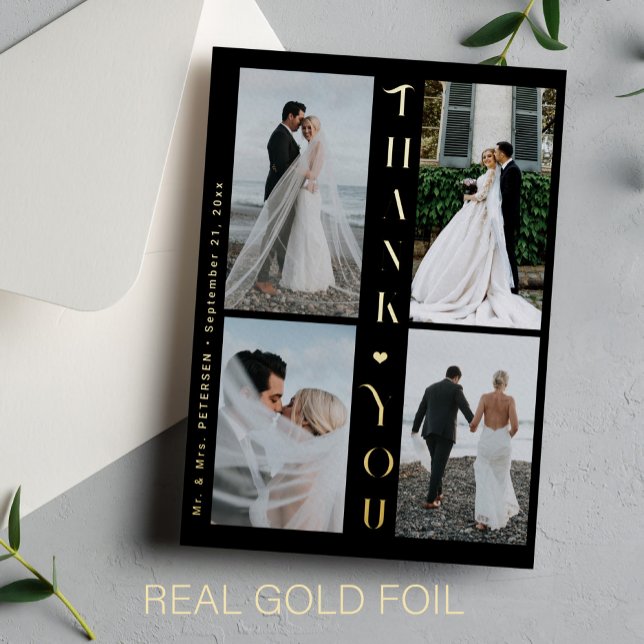 Thank you wedding 4 photo elegant gold black  (You can choose the color of the FOIL: GOLD, SILVER or ROSE GOLD)