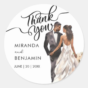 Thank You Wedding Black Bride Groom Watercolor Classic Round Sticker