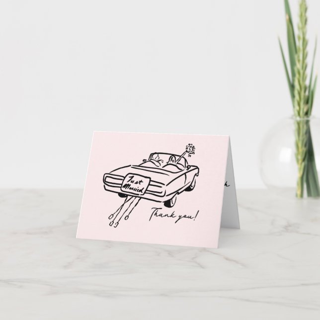 Thank you wedding card featuring just married car  (Front)