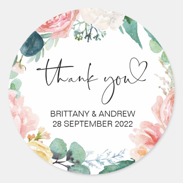 Thank You Wedding Favor Treat Bag Jar Pink Floral Classic Round Sticker (Front)