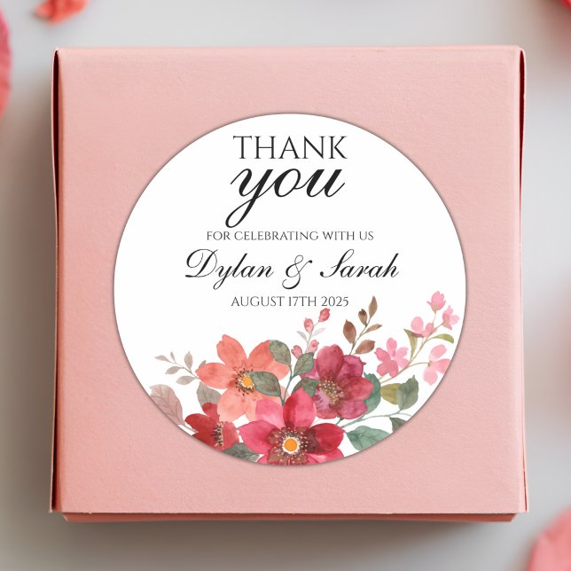 Thank You Wedding Favour Red Floral Classic Round Sticker (Creator Uploaded)