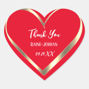 Thank You Wedding Favour Red  Golden Heart  Sticker