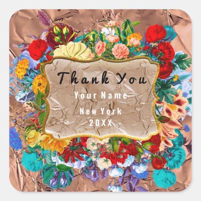 Thank You Wedding Frame Rose Floral Grunge Copper Square Sticker (Front)
