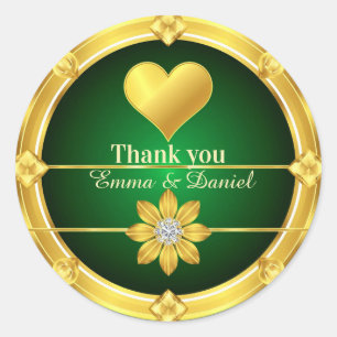Thank You Wedding Gold Heart On Green  Classic Round Sticker